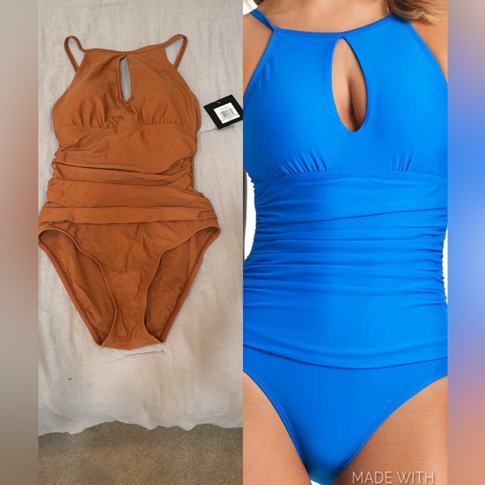 Ellen Tracy High Neck Keyhole One Piece Swimsuit size 10 in Lioness NWT Large